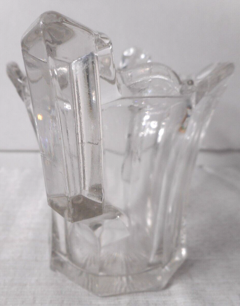 Victorian Clear Thick Glass Double Handle Spooner Scalloped Top Sunburst Bottom