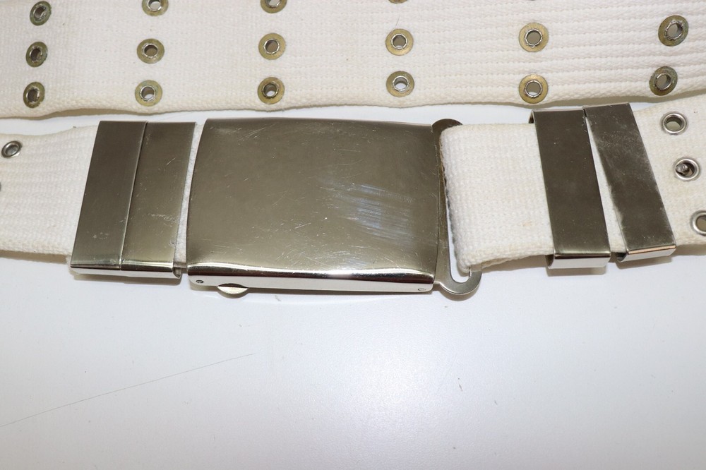 US white cotton web belt adjustable large silver colored buckle E6054