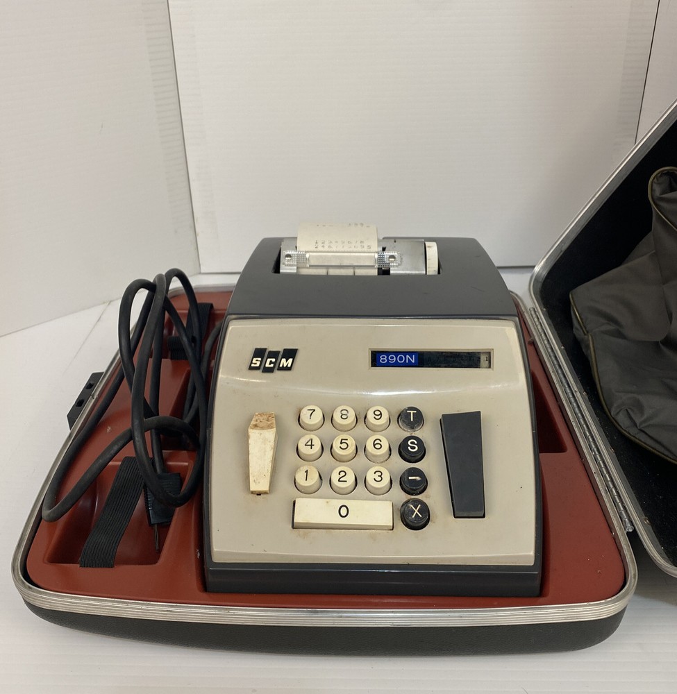 SCM 890N Electronic Adding Machine & case & soft cover Vintage