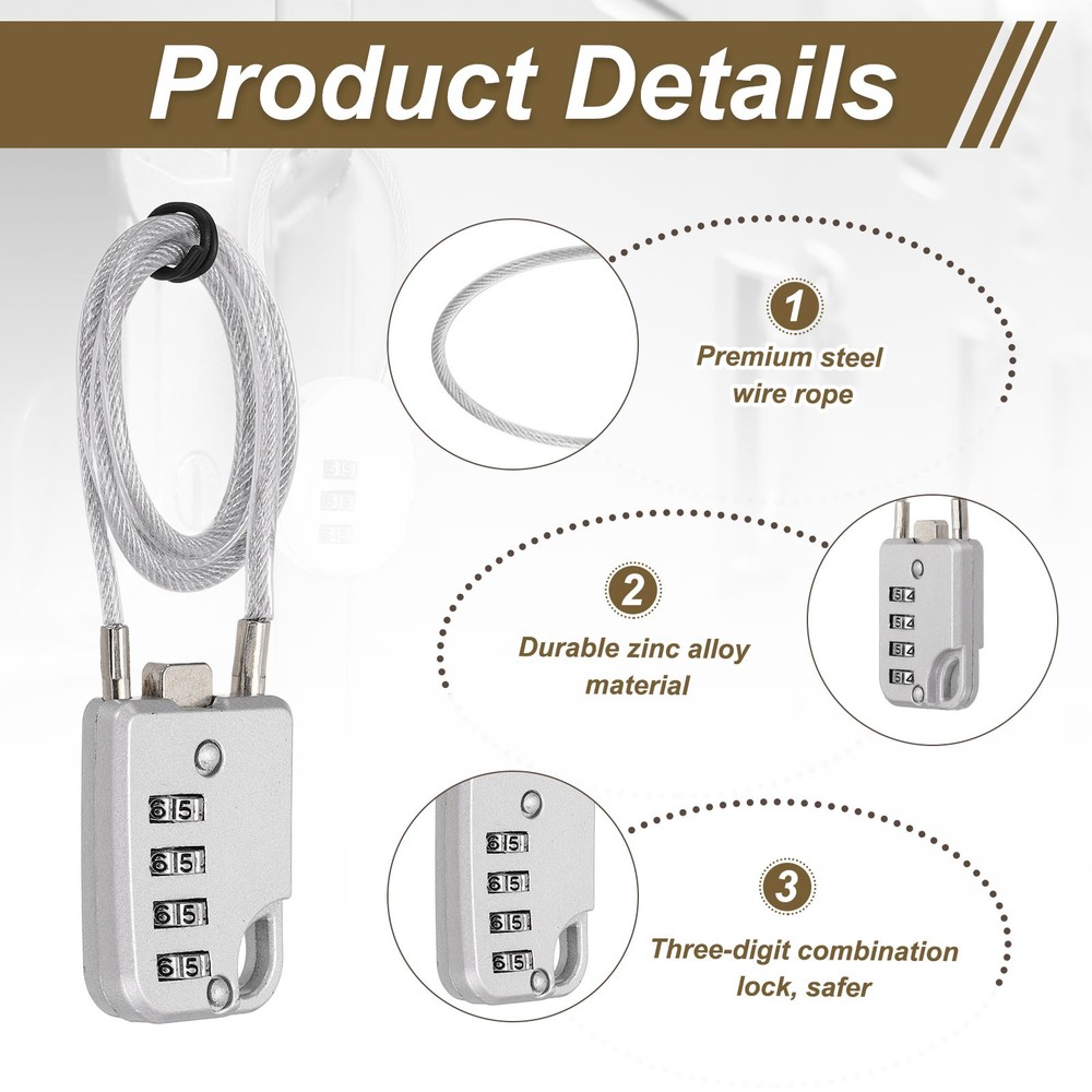 2-Pack Combination Padlock, 4 Digit 20 in Cable Luggage Lock [Silver Grey]