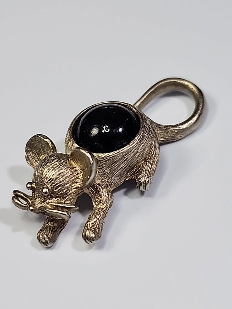 Mouse With Black Stone Lapel Pin Silver Color Metal