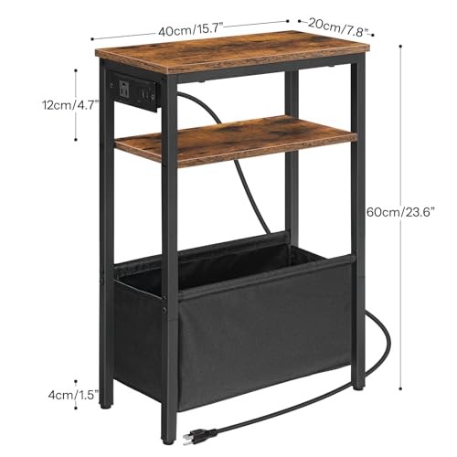 Small Narrow Side Table, Skinny End Table with Charging Station, Extra Slim