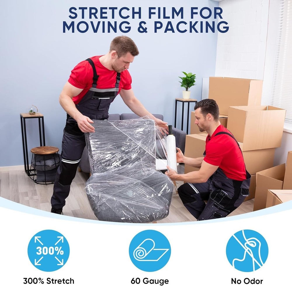 Clear 1000ft Stretch Wrap with Handles - 15'' Wide for Easy Packing & Moving