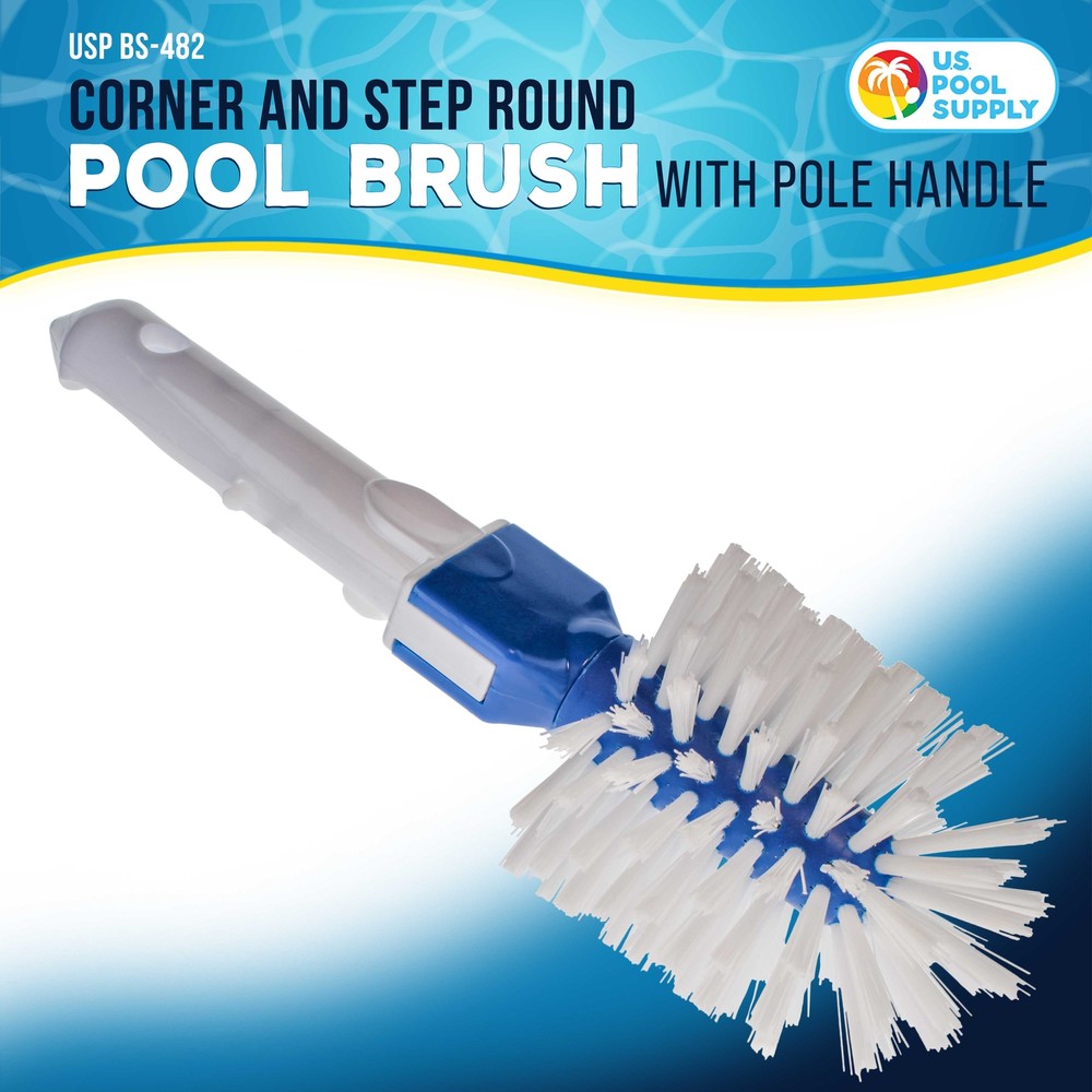 Corner and Step Round Pool Brush with Pole Handle, Nylon Bristles Scrub, Clean