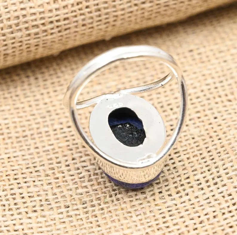 Solid 925 Sterling Silver Natural Lapis Lazuli Oval Gemstone Handmade Band Ring