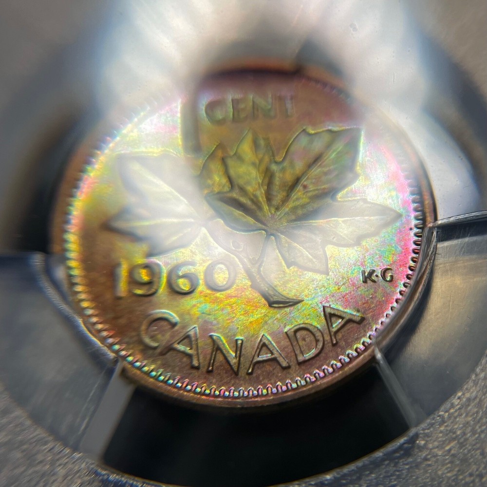 PL64BN 1960 1C Canada Maple Leaf Proof Cent, PCGS Trueview- Rainbow Toned