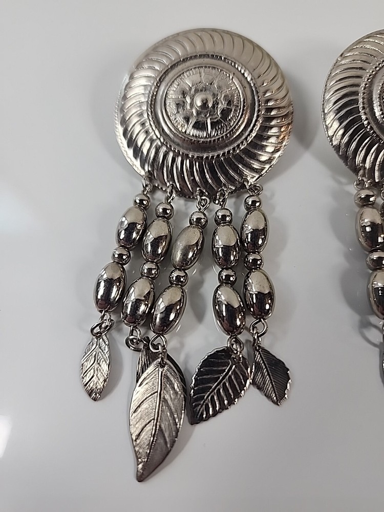Concho Post Earrings w/Articulating Silver Feathers, 3” Long