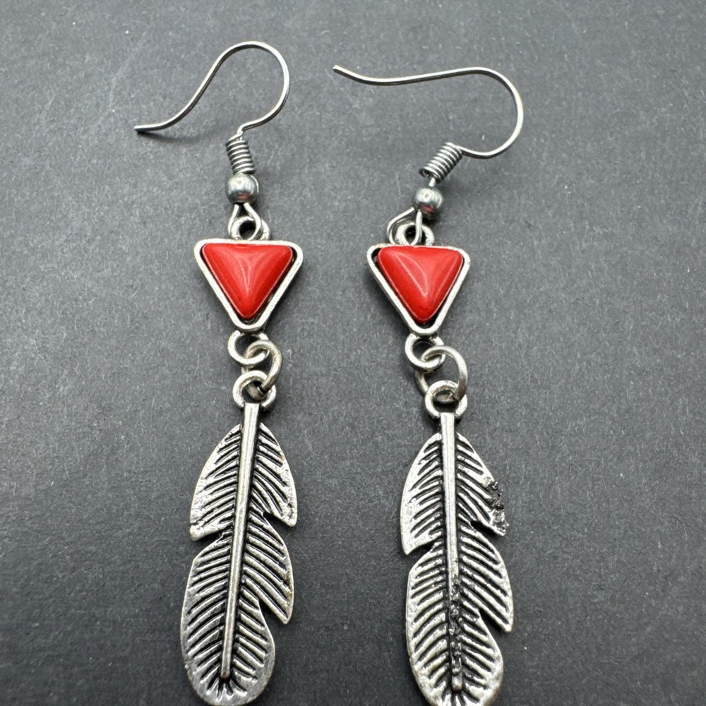 Native Inspired Dangle Drop 2.5” Earrings Silver Tone Red Stone Feather