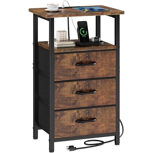 Nightstand with Charging Station, Bedside Table 1 Piece Rustic Brown Ordinary