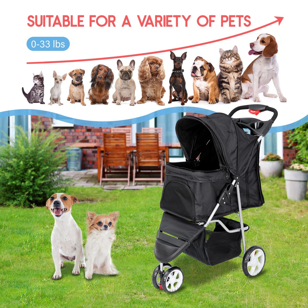 Dog Stroller 3 Wheels Foldable Pet Stroller w/Storage Basket & Cup Holder Black