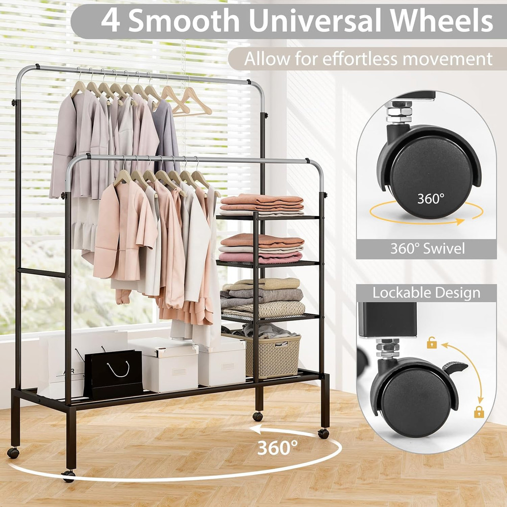 Sturdy Adjustable Rolling Garment Rack with Lockable Wheels & Shelves