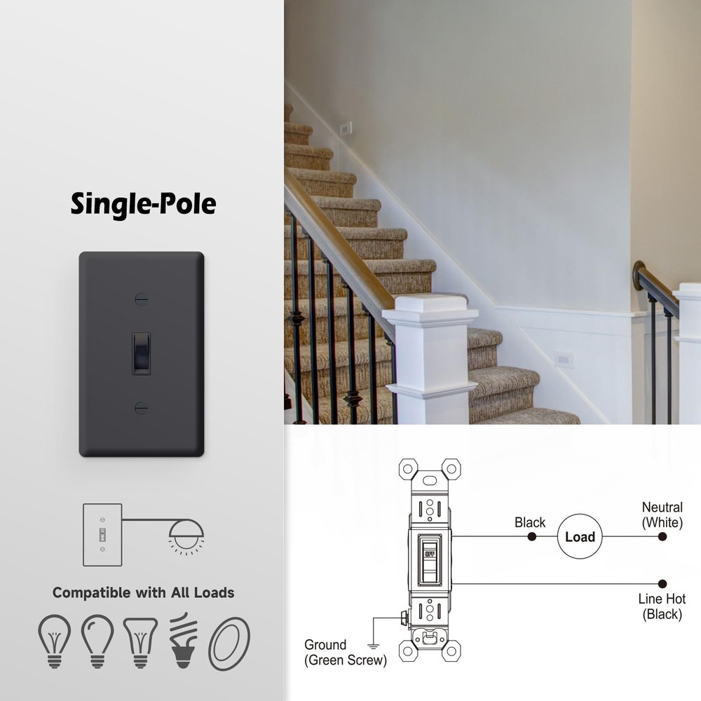 Single Pole Toggle Light Switch 15 Amp Single Pole On/Off Wall Switch for Res...