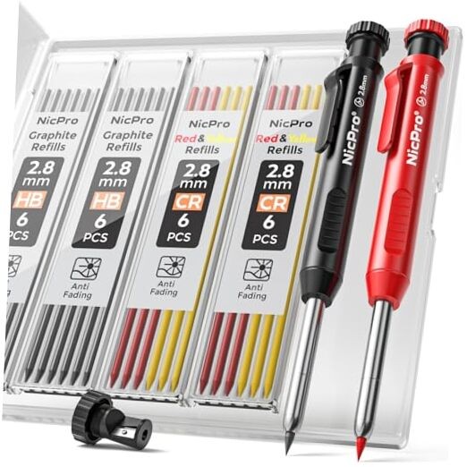 Carpenter Pencil with Sharpener, Mechanical Pencils Set with 2 Pack Black,Red