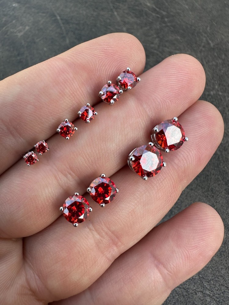 Real Ruby Red Moissanite Screwback Stud Earrings 925 Silver 3-8mm Iced Pass Test