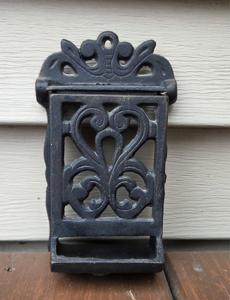 Vintage Cast Iron Match Holder with Lid 7" Wall Mount Black