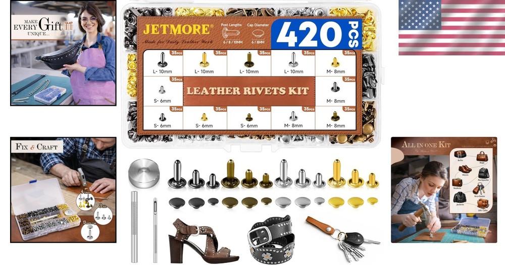 Complete Leather Rivet Kit: 420 Sets, 4 Colors, and 3 Essential Tools Included