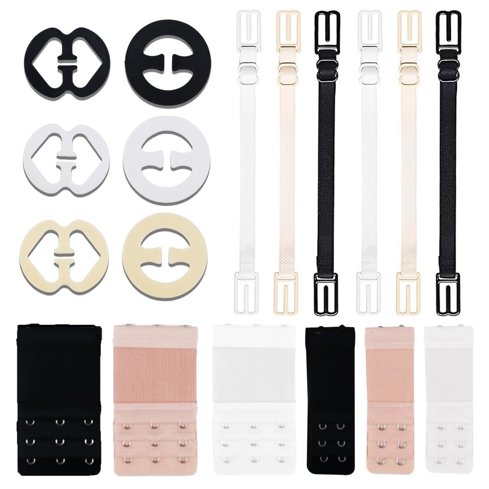 18 PCS Adjustable Bra Strap Set Clips Soft Adjustable, Black,white,beige