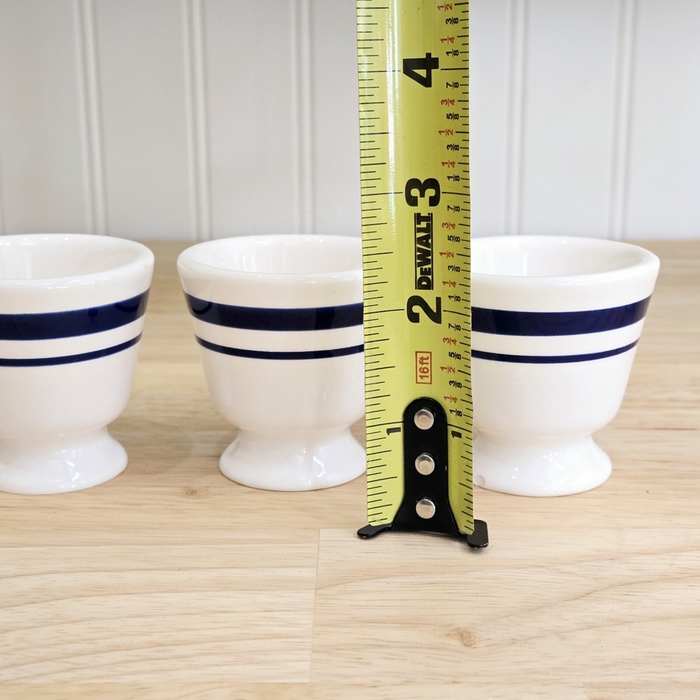 3 Easter Egg Cup Holder Decor Earthenware Blue Stripes Porcelain Collectible