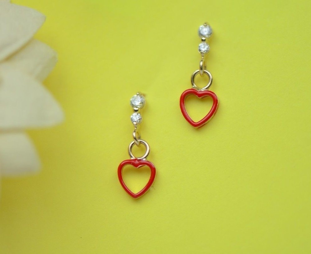 14K Solid Yellow Gold Heart Shape Dangle Earring with Enamel