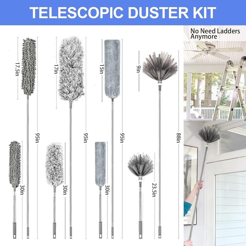 Microfiber Duster with Extension Pole 8Ft Long Handle Bendable Washable