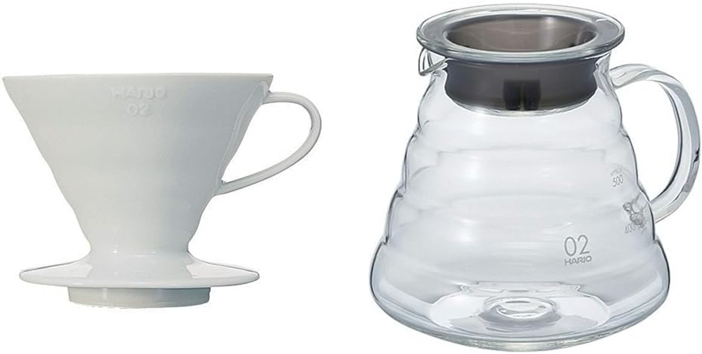V60 Ceramic Coffee Dripper Pour over Cone Coffee Maker Size 02, White & V60 Glas