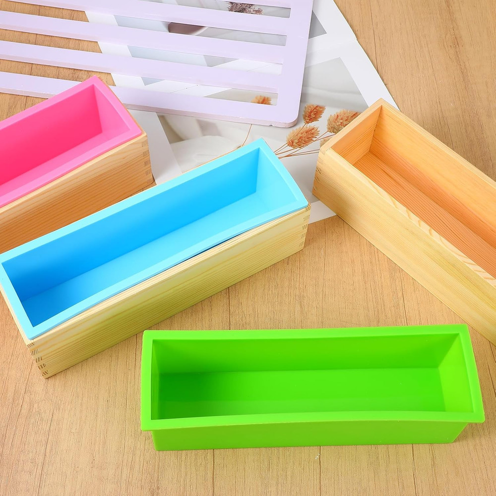 3 Pcs Soap Making Molds with Wood Box Tray, Flexible Rectangular Silicone Soap M