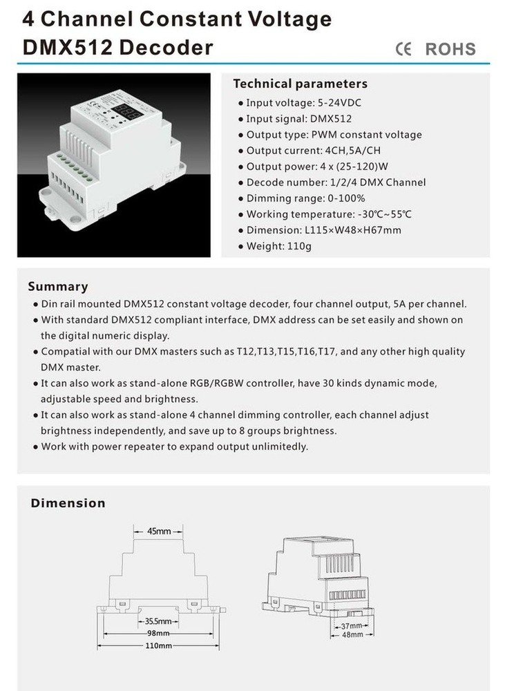 4 CH Constant Voltage DMX512 Decoder RGB/RGBW Controller Din Rail Mounted 4 C...