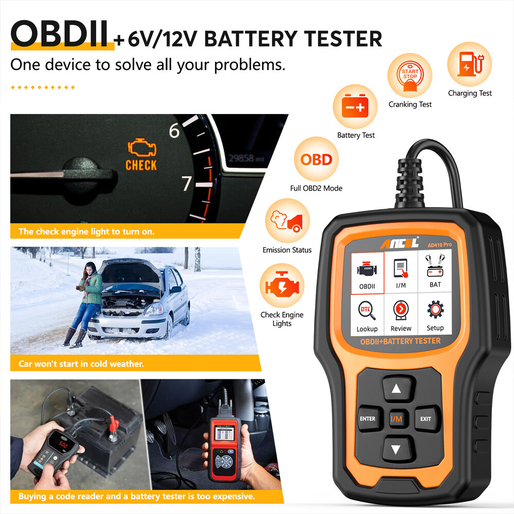 ANCEL AD410 PRO OBD2 Scanner Battery Test Check Engine Light Diagnostic Tool