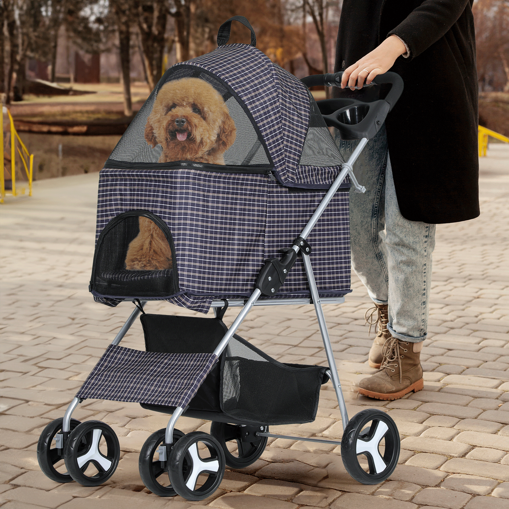 4 Wheels Pet Stroller Foldable Cat Cage Puppy Stroller Storage Basket+Cup Holder