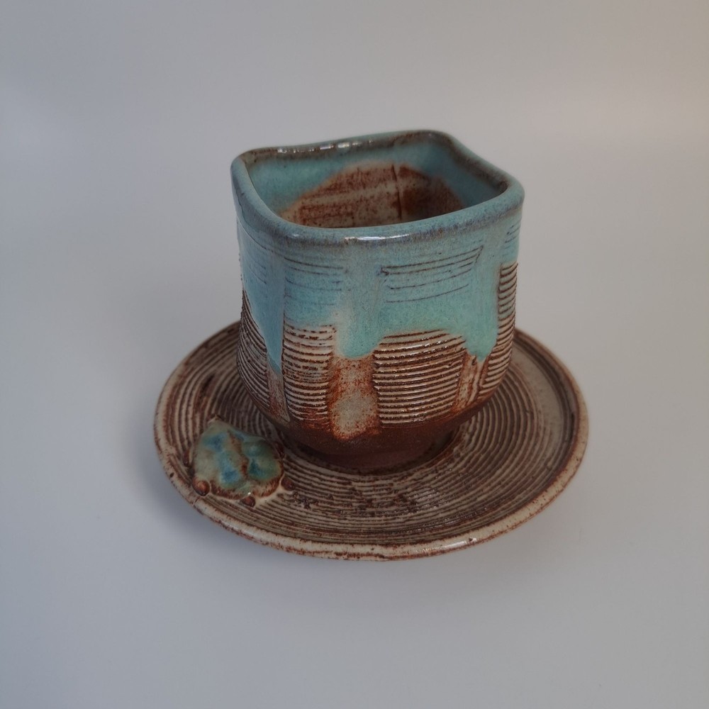 Handcrafted Ceramic Square Cup Saucer Set With Textured Design