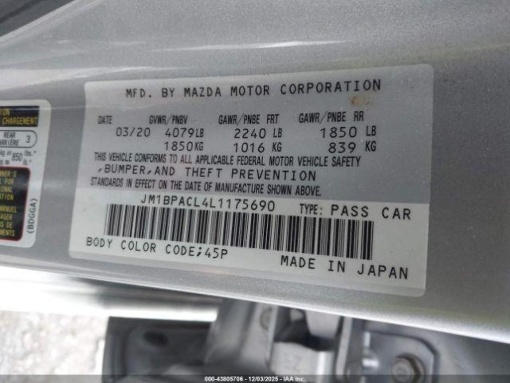 2020 MAZDA 3 RR Door Trim Panel