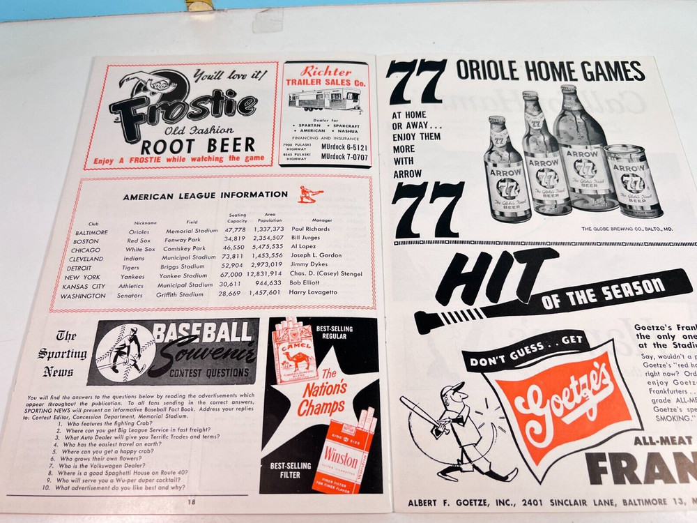 🔥 1960 Baltimore Orioles Baseball Program v White Sox Unscored HIGH GRADE!🔥