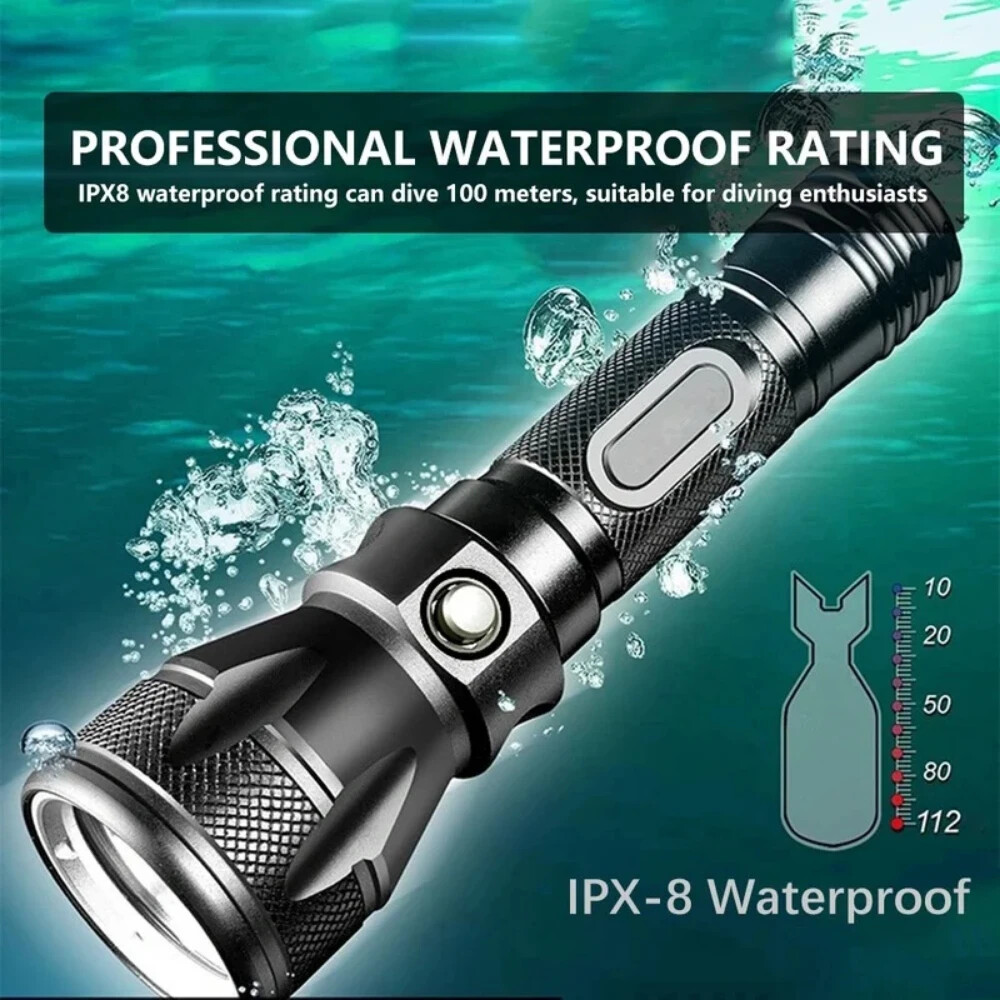 Powerful LED Diving Flashlight IPX8 Dive Lantern Underwater Torch  Lighting