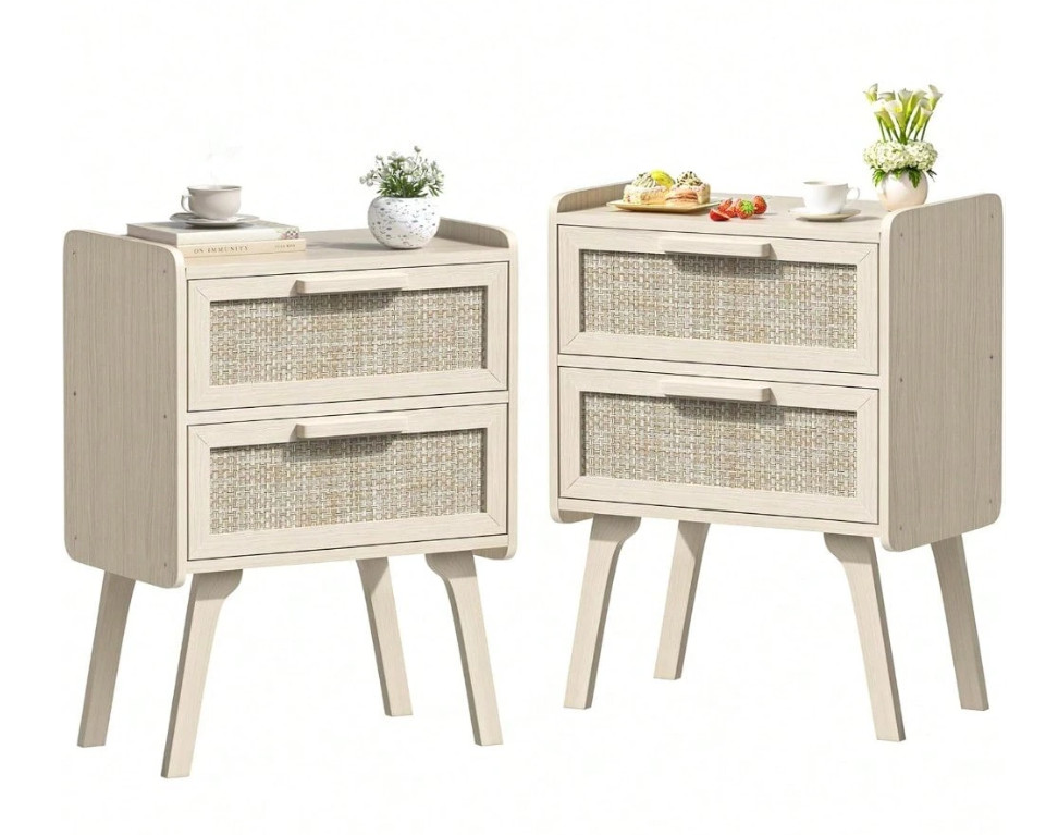 2PCS Rattan  Nightstand Boho End Table w/  2 Drawers