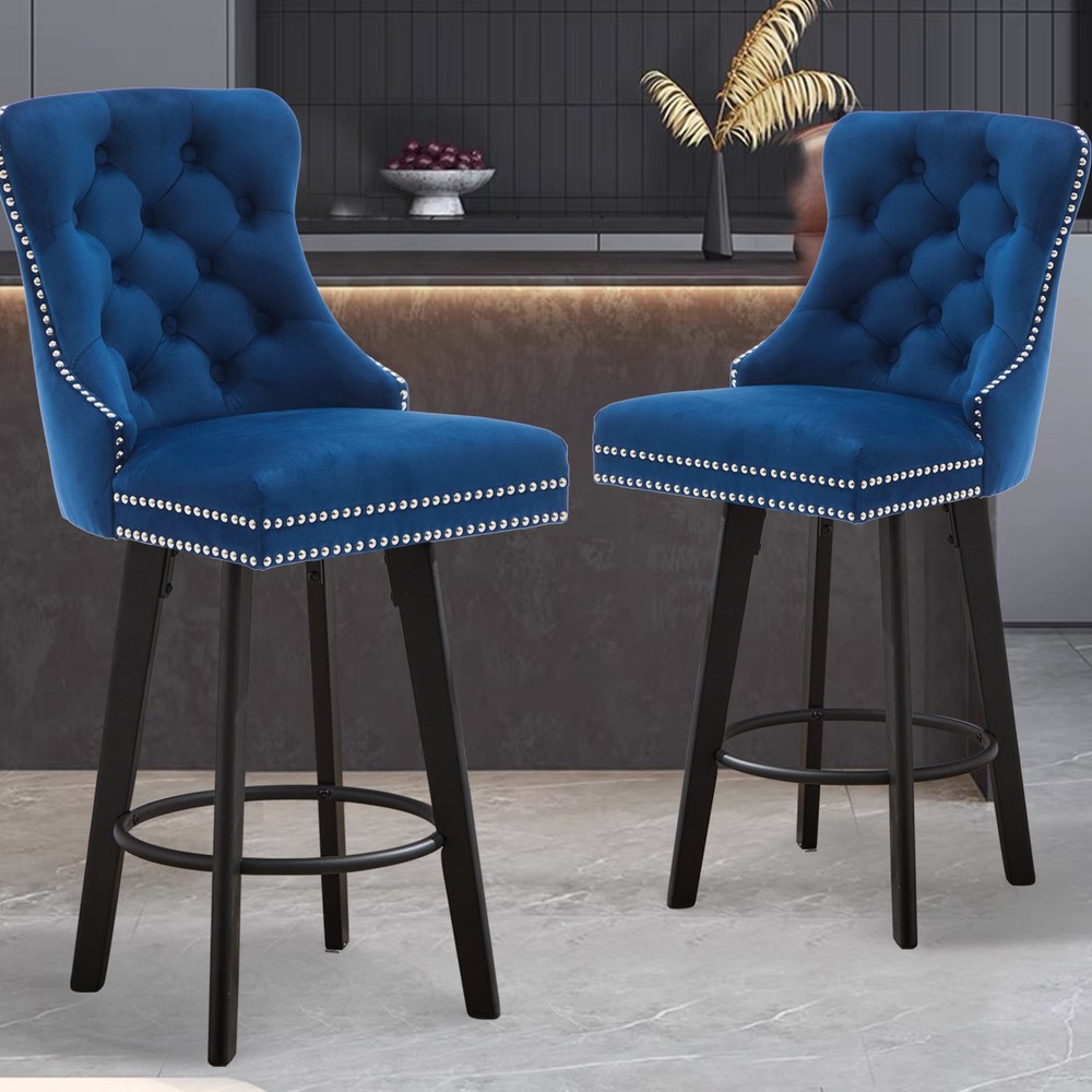 Modern  Swivel Bar Stools Velvet Barstools Button Tufted Bar Stools Rivet Trim