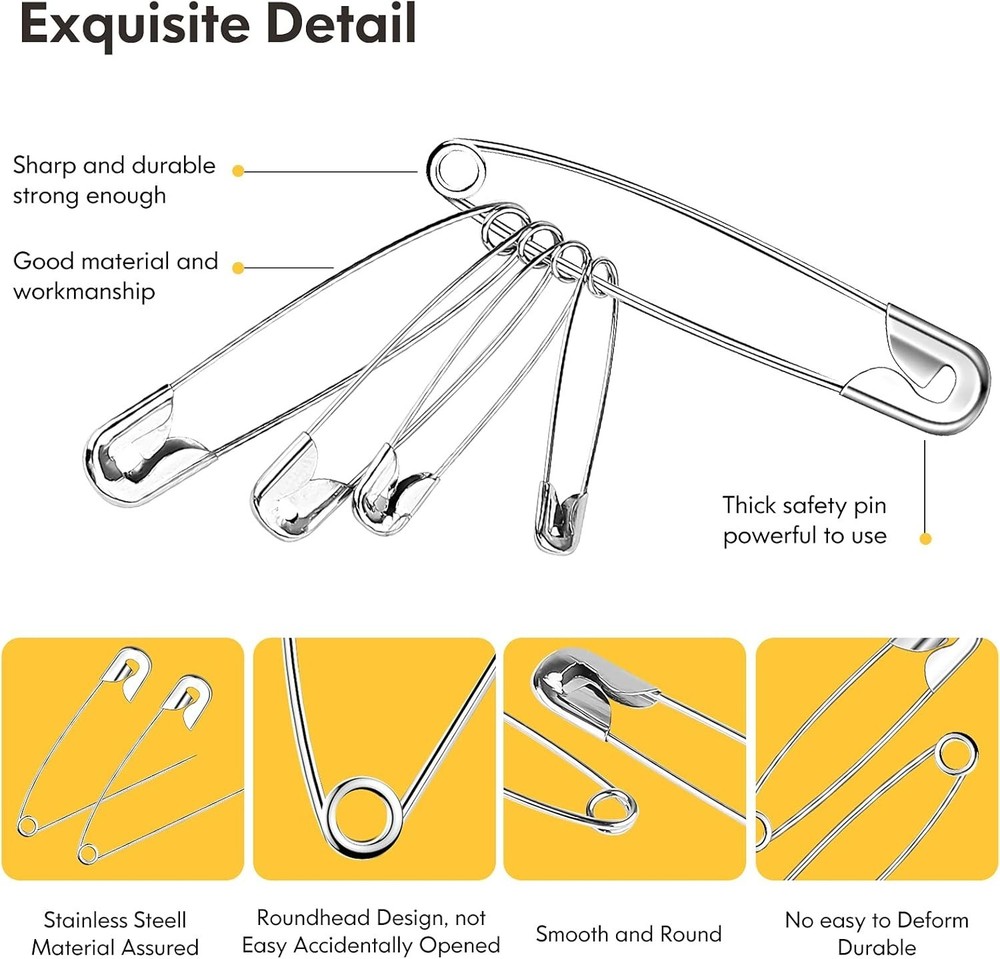 Multi-Size Safety Pins Bulk - 340 Pack, Rust Resistant for Crafts & Sewing