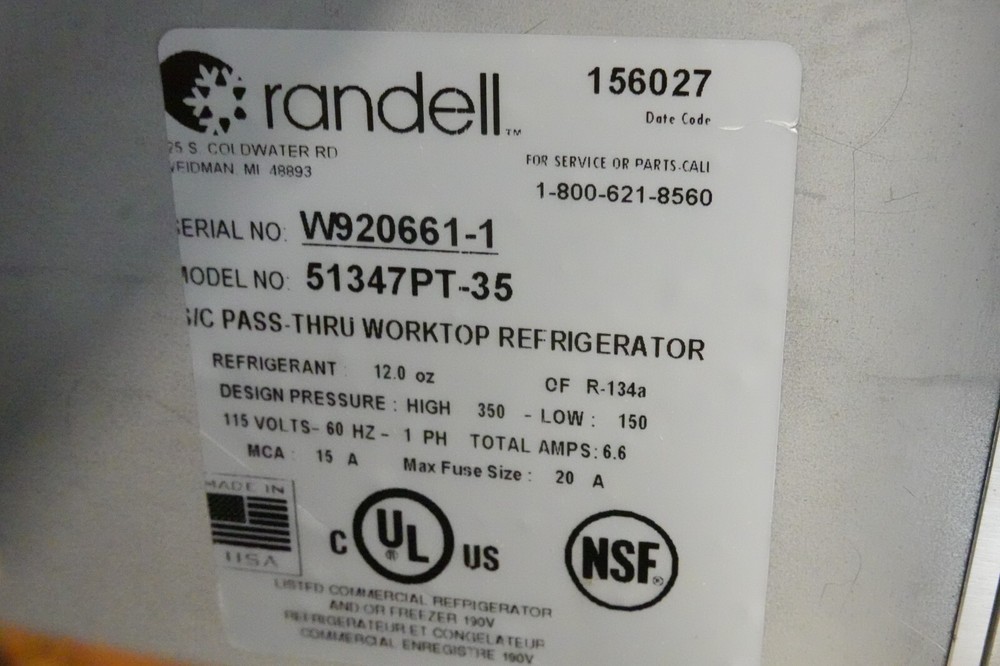 RANDELL 47” SELF-CONTAINED REFRIGERATED PASS THRU WORKTOP MODEL 51347PT-35