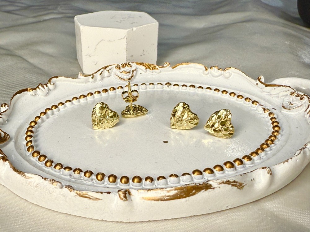 10K Real Solid Yellow Gold Heart Nugget Earrings
