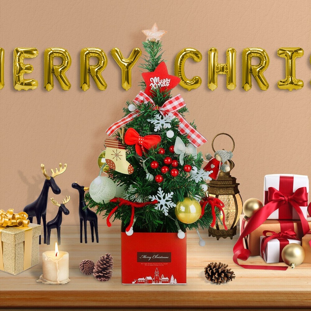 20 inch Tabletop Artificial Small Mini Christmas Tree with LED Light & Ornaments