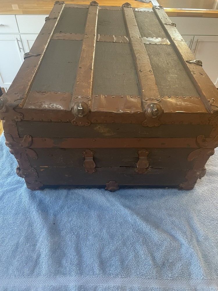 Antique Rustic Wood And Metal Steamer Trunk