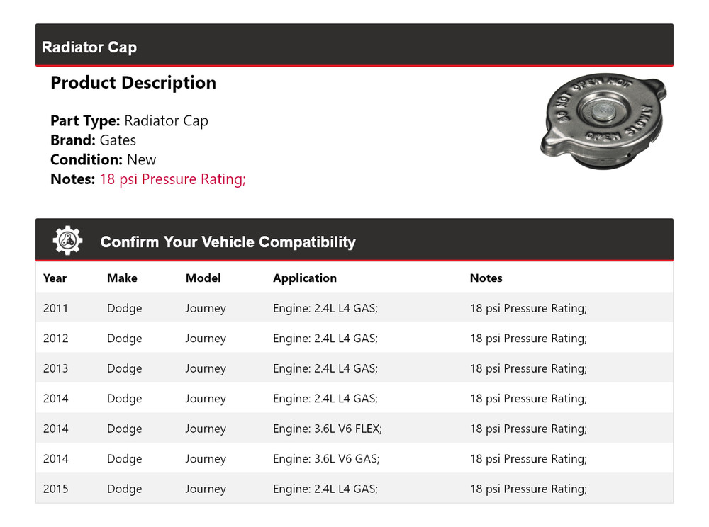 For 2011-2015 Dodge Journey Radiator Cap Gates 2012 2013 2014