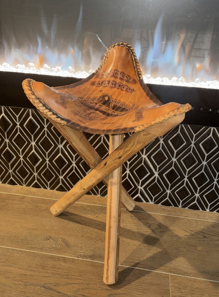 Vintage Handmade Tooled Stitched Embossed Leather Folding Tripod Camp Stool 24”