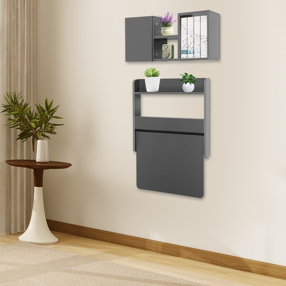 Folding Space Saving Wall Mounted Bookshelf, Fold Down Laptop Desk Workstation