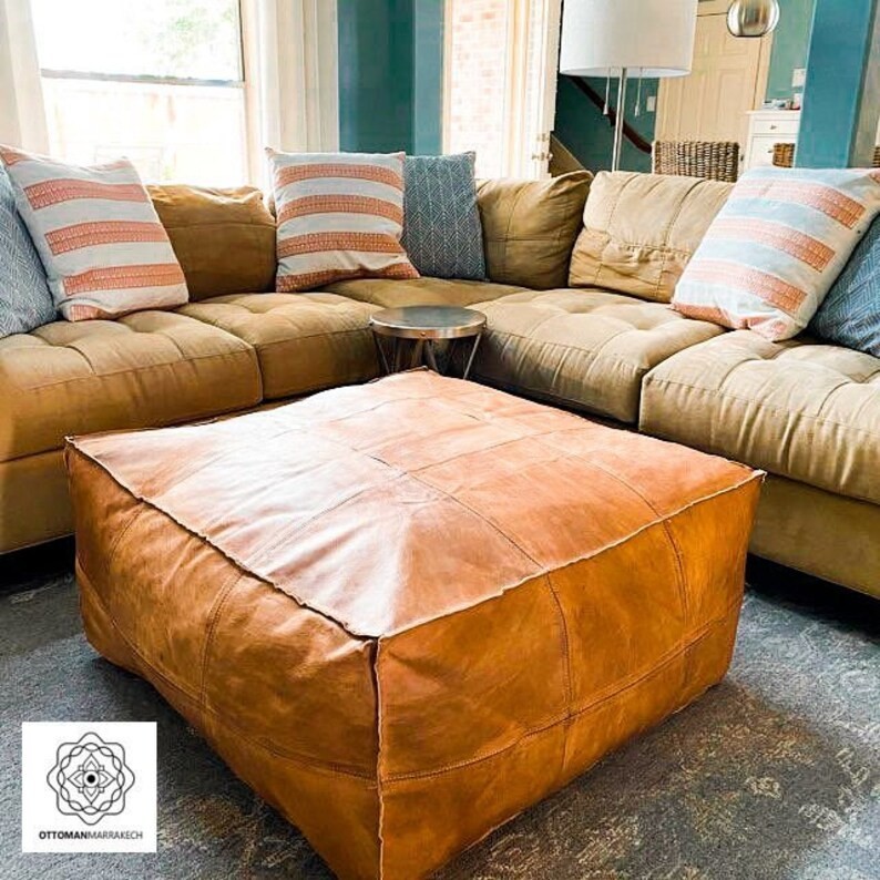Authentic Moroccan Square Genuine Leather Ottoman Handmade Pouffe Natural