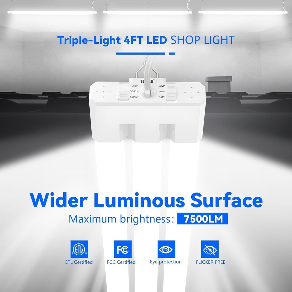 4FT Linkable LED Workshop Light 4000K-5000K-6500K 30-50W Adjustable Ceiling Lamp