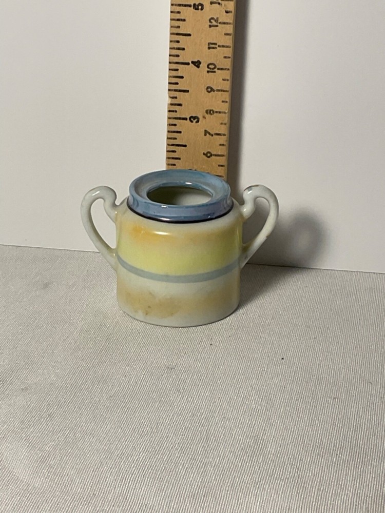 Glossy miniature sugar bowl hand painted scenery 2”