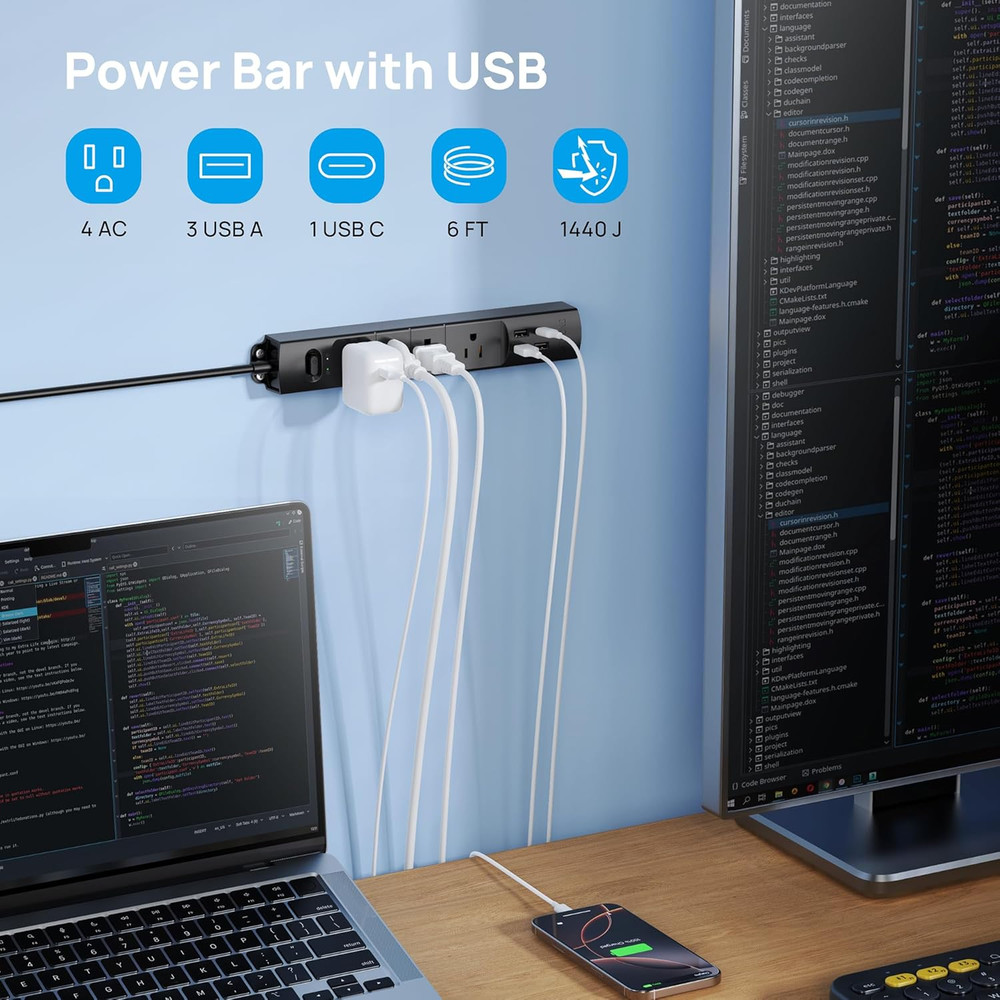 Surge Protector Power Strip with USB, Ultra Thin Flat Plug 6Ft Long Extension Co