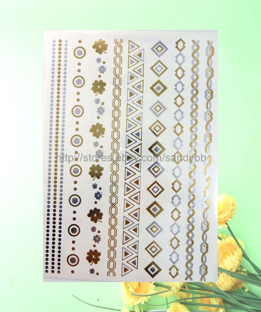 12 sheets gold silver metallic flash tattoo temporary tattoo