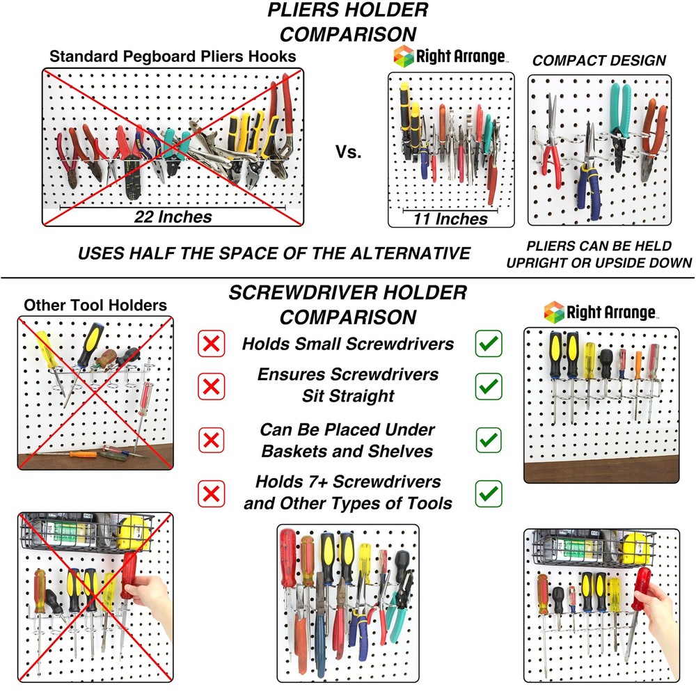 Pegboard Hooks Set - Tool Organizer Kit with Assorted L, J Hooks, Pliers Rack