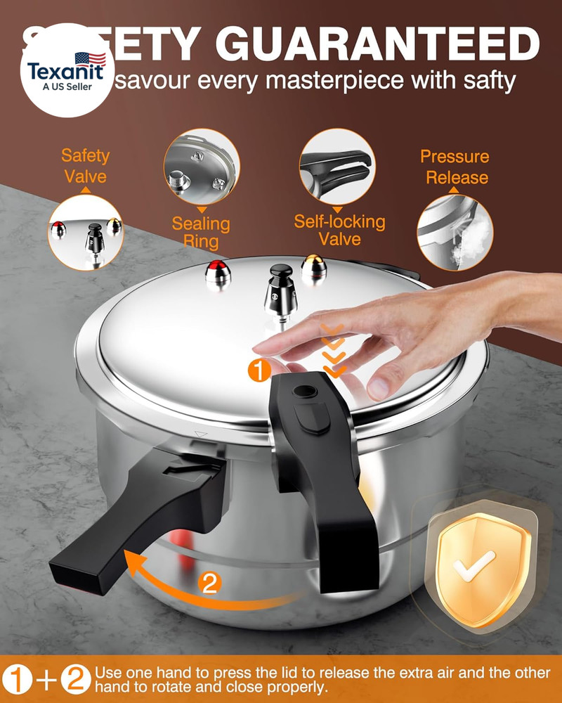 8Qt Aluminum Pressure Cooker W/Release Valve & Multiple Protective Devices,Press